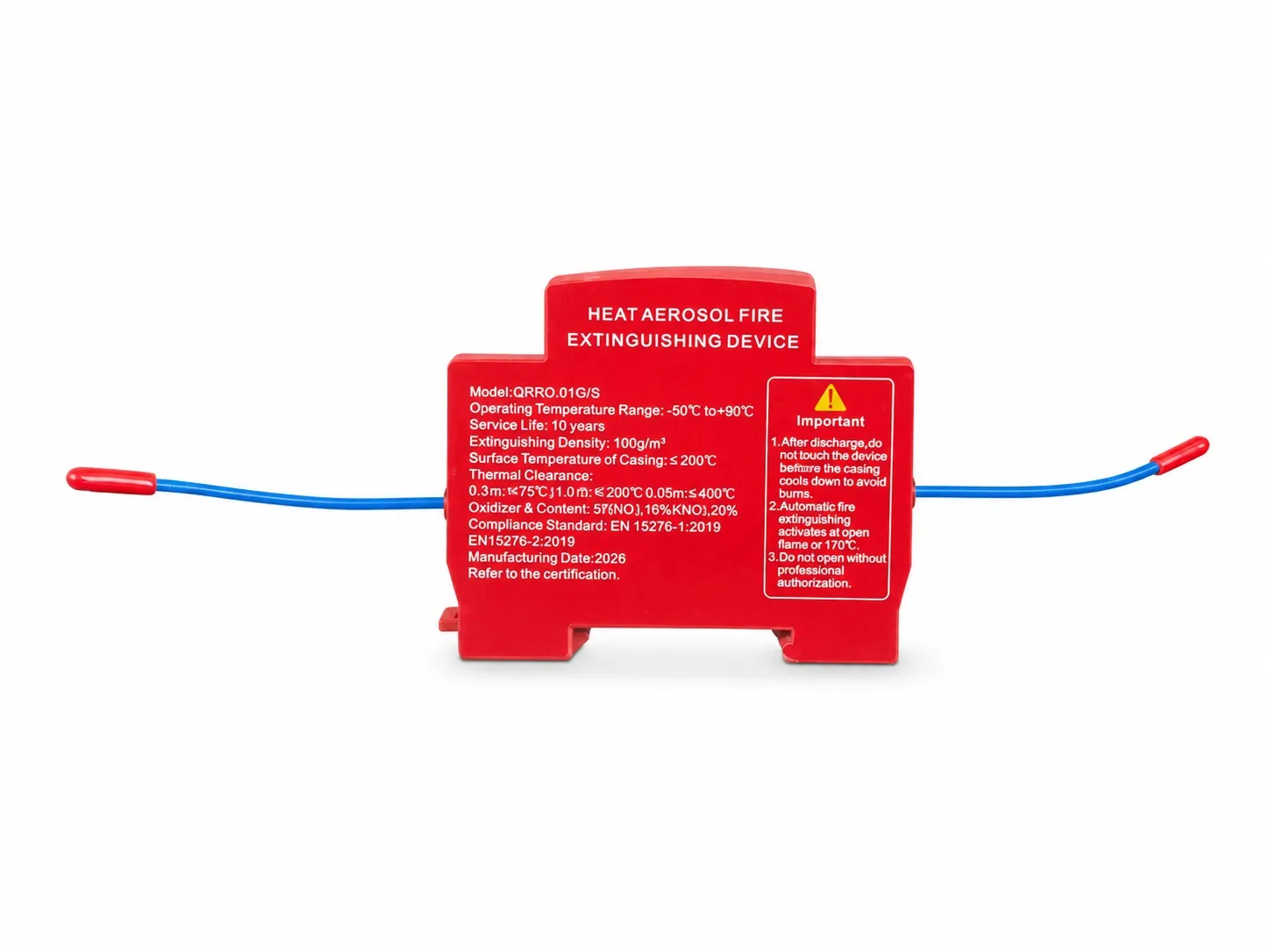 Front view of a red thermal aerosol fire extinguishing device with thermal activation cable