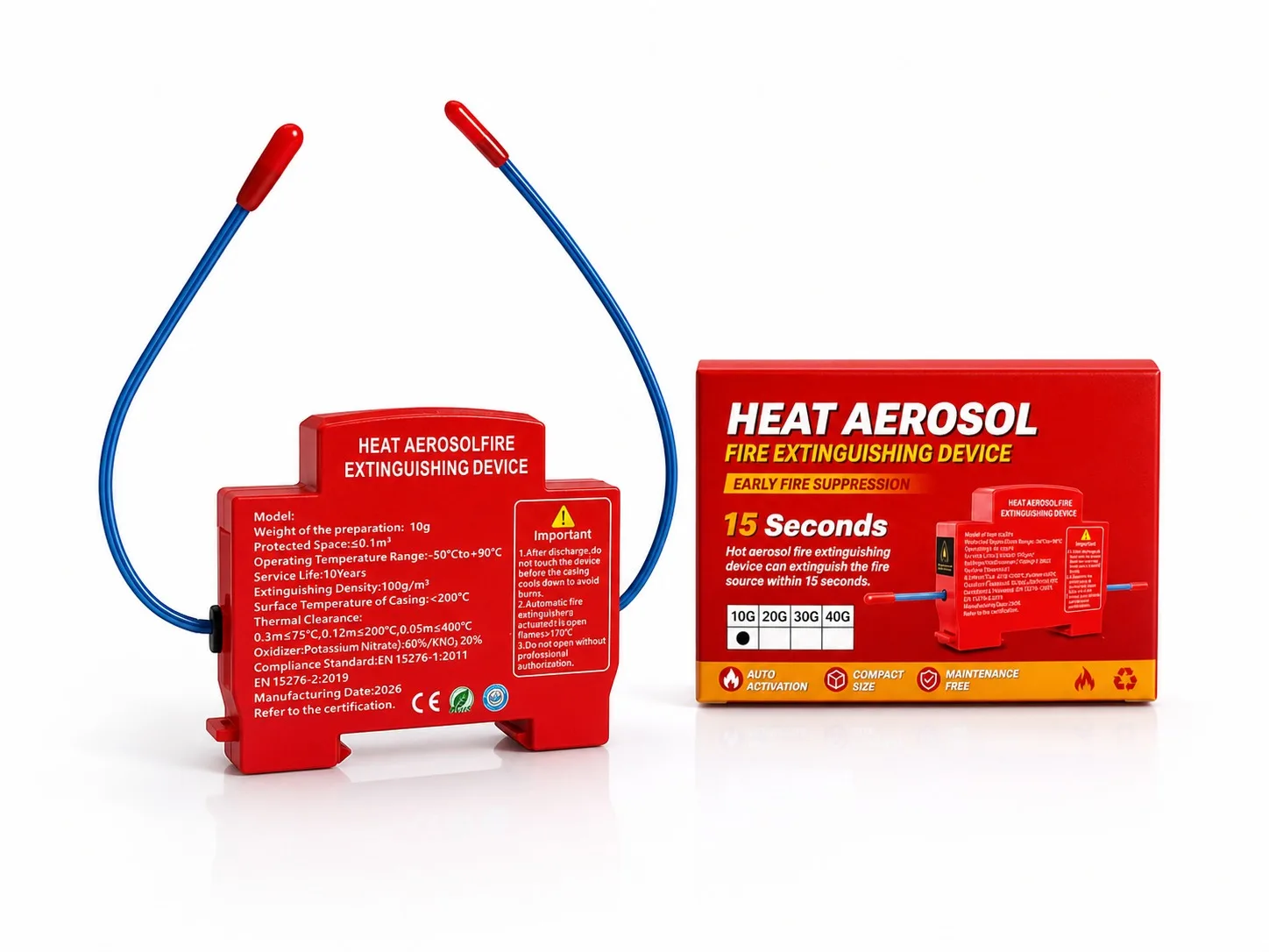 Thermal aerosol fire extinguishing device displayed with its retail packaging