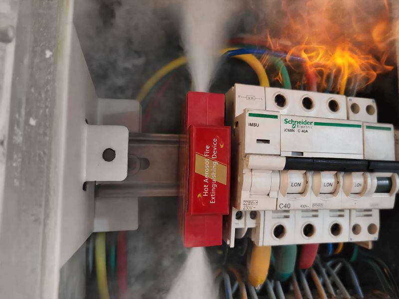 Thermal aerosol fire extinguishing device discharging inside an electrical cabinet during a fire